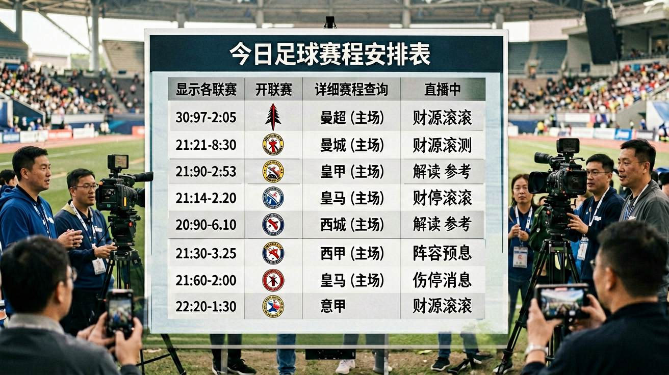 今日足球赛程安排表，显示各联赛开球时间